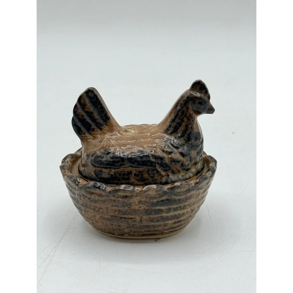 Vintage PWF Japan Mini 2.25” Ceramic Brown Black Drip Hen On The Nest